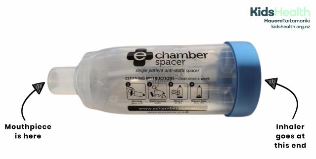 A photo showing a spacer, with arrows indicating the mouthpiece and where the inhaler fits into the other end.