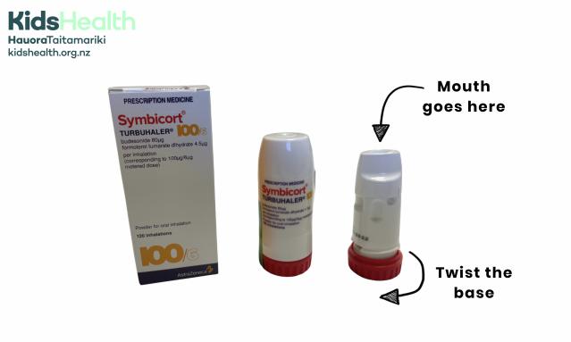 A photo showing a Symbicort Turbuhaler with its cap on and off, with arrows showing where to place the mouth and twist the base.