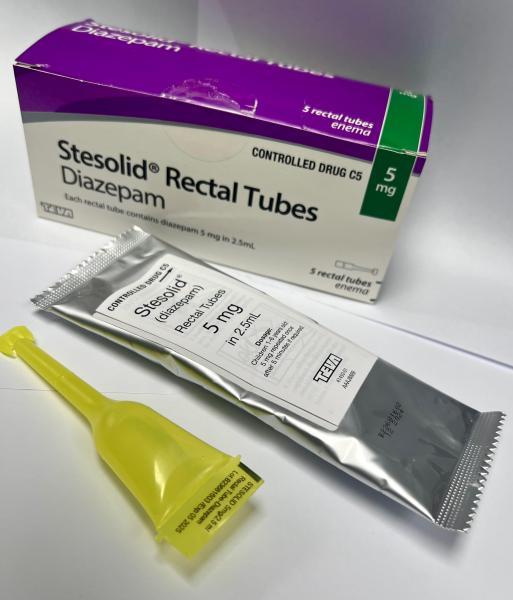 Photo of a Stesolid® Diazepam Rectal Tube, its foil packaging, and the product box labeled 5 mg.