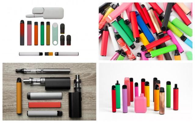 Photographs showing various colourful vape devices, including disposable vapes, vape pens, and e-cigarettes..