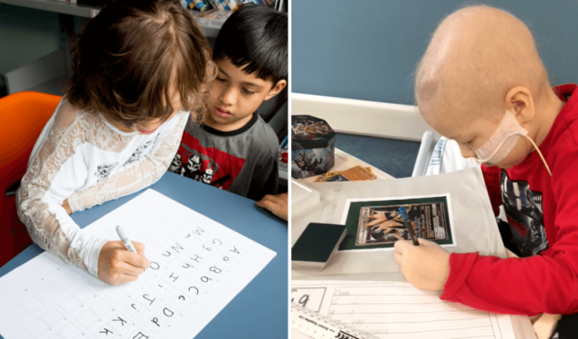 The image shows two children engaged in writing activities. On the left, a child with wavy brown hair is writing letters on a sheet of paper, while a young boy watches closely. On the right, a child undergoing cancer treatment, with a nasal tube and bald head, is focused on drawing or writing on paper.