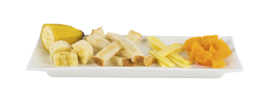 Platter of banana pieces, toast fingers, cheese strips, soft cooked pumpkin pieces