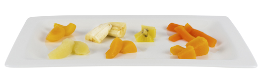 Small pieces of soft fruit and soft cooked vegetables