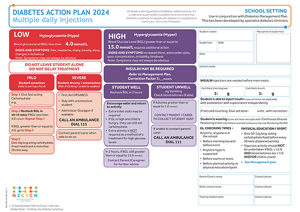 Image of diabetes action plan for primary and secondary schools - for tamariki and rangatahi who have multiple daily injections