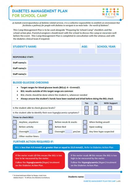 Image of diabetes management plan for school camp