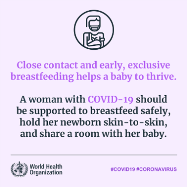 Image of World Health Organisation social media tile - Close contact and early, exclusive breastfeeding helps a baby to thrive
