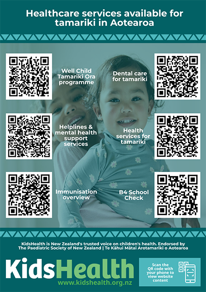 QR code poster for KidsHealth on healthcare services for tamariki in Aotearoa
