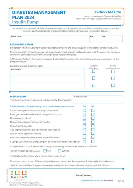 Image of diabetes management plan for primary and secondary schools - for tamariki and rangatahi who use insulin pumps