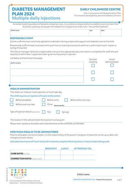 Image of diabetes management plan for early childhood centres - for tamariki who have multiple daily injections
