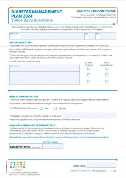 Image of diabetes management plan for early childhood centres - for tamariki who have twice daily injections