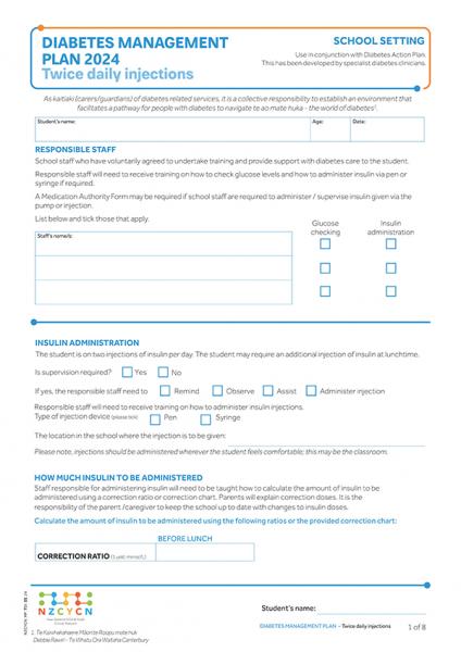 Image of diabetes management plan for primary and secondary schools - for tamariki and rangatahi who have twice daily injections