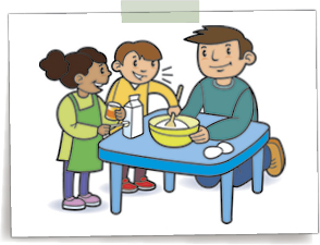 Graphic of a father kneeling at a table with 2 children - they are making something in a mixing bowl