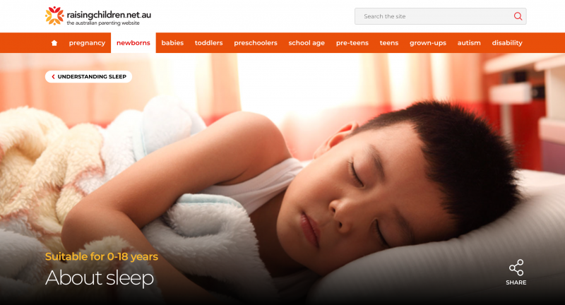 Screenshot of raising children website section on sleep