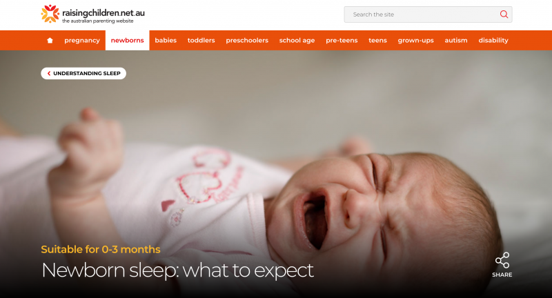 Screenshot of Raising Children website section on newborn sleep