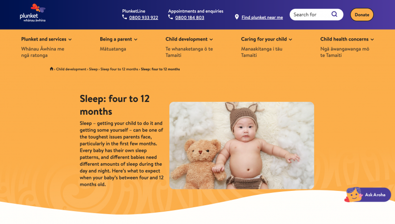 Screenshot of Plunket website section on baby sleep