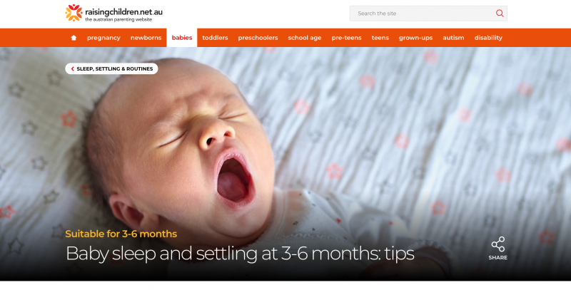 Screenshot of Raising Children website section on settling 