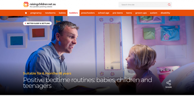 Screenshot of Raising Children website section on bedtime routine 