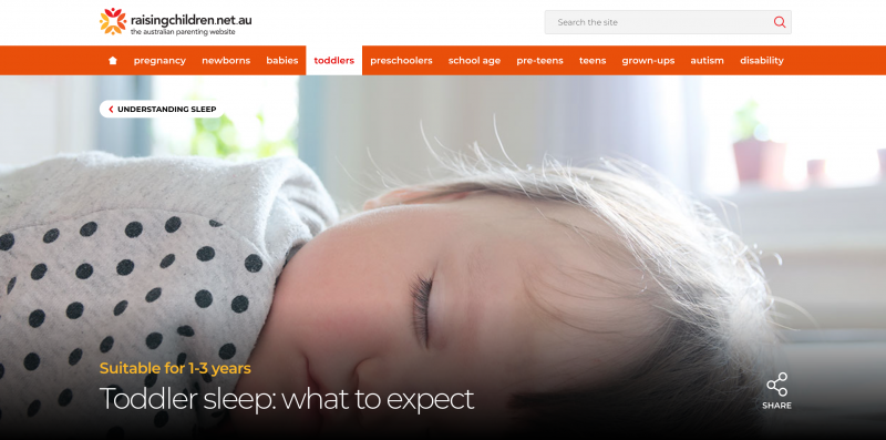 Screenshot of the Raising Children website section on Toddler Sleep