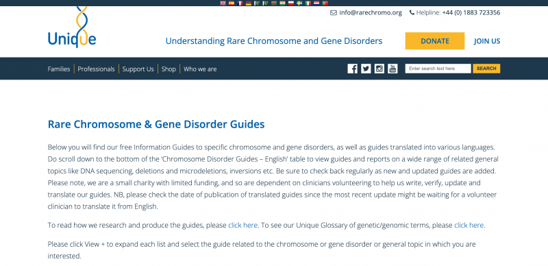 Screenshot of the Rare Chromosome Guides website 
