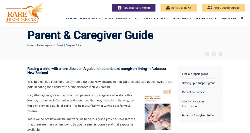 Screenshot of Rare Disorders NZ Parent and Caregiver Guide 