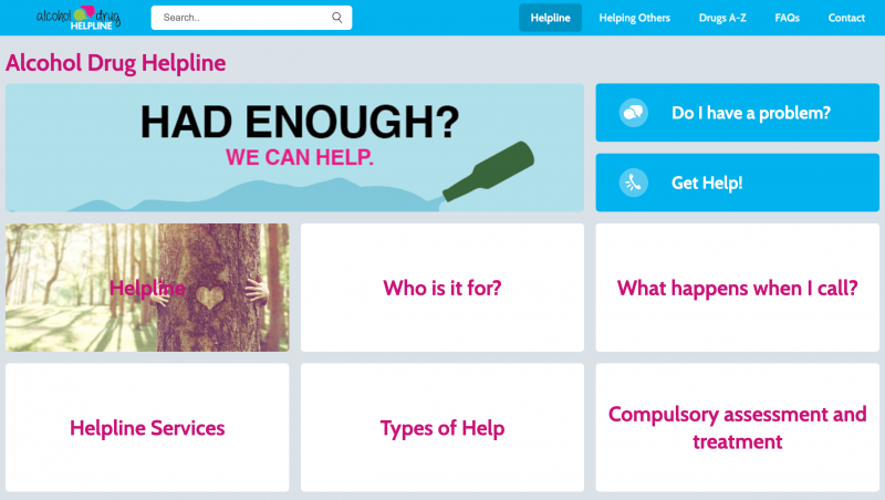 Screenshot of the alcohol & drug helpline website 