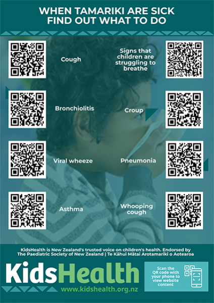 QR code poster for KidsHealth on when tamariki are sick