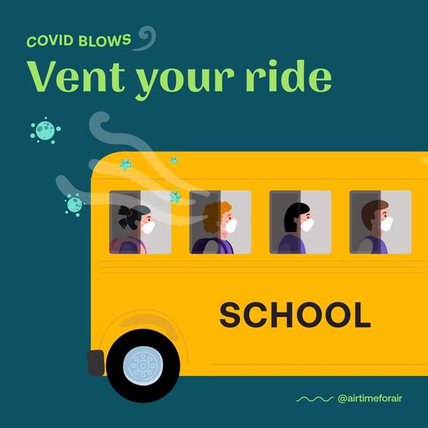 Graphic of bus with text 'COVID blows - vent your ride'
