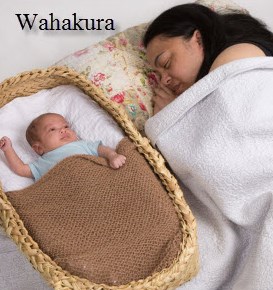 Image showing mother asleep in bed with her baby. The baby is in his wakakura beside her.
