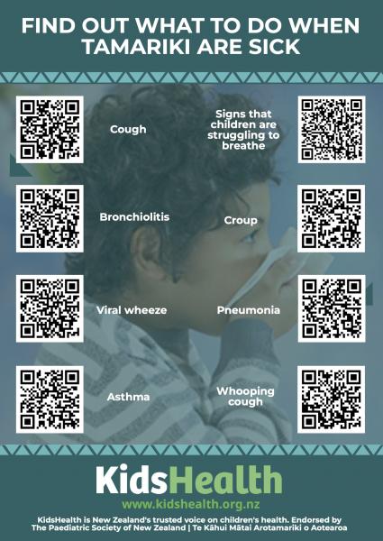 QR code poster for KidsHealth on when tamariki are sick