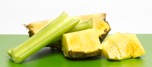 Raw celery stick, raw pineapple