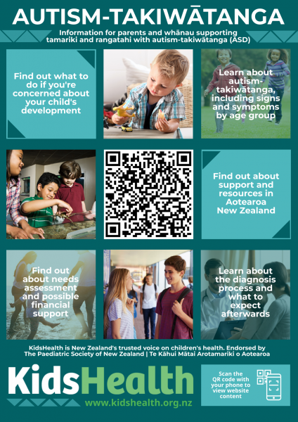QR code poster on KidsHealth's autism-takiwātanga section. Image shows photos of children and words highlighting what is in the section, such as 'find out what to do if you're concerned about your child's development'