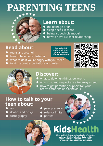 A QR code poster displaying KidsHealth content on parenting teens, with photos and words