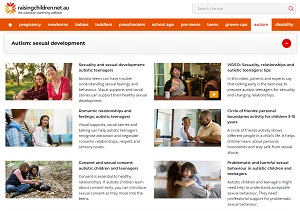 Screenshot image of the Raising Children website showing its autism:sexual development section