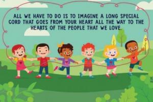 A page from an online book - animated children standing in a line and holding on to a cord 