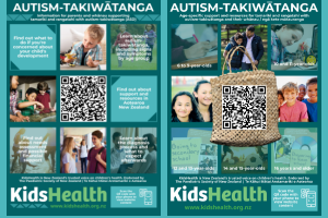 Image of two KidsHealth QR code posters highlighting content on autism-takiwātanga