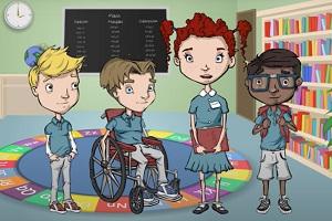 A screenshot of an animated video. Image depicts four children talking. 